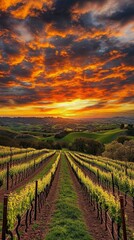 Fototapeta premium Vineyard Rows at Sunset Over Rolling Hills