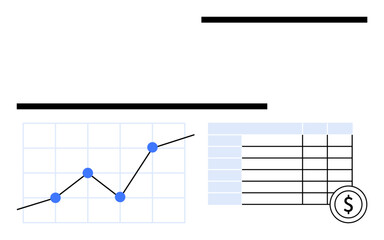 Line graph with growth trend, data table, and money icon. Ideal for finance, business strategy, analytics, performance, profit metrics reporting and evaluation. Abstract line flat metaphor