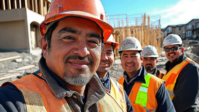 A friendly group of Hispanic construction workers in orange vests pauses to smile at the camera. Concept of teamwork, shared effort, and positive job-site culture.