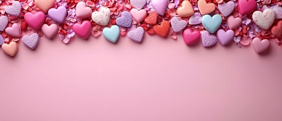 A whimsical flat lay of heart-shaped candies and pastel petals, perfect for Valentine's Day promotions, love-themed events, or romantic celebrations.