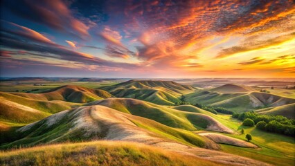 Serene Sunset Over Rolling Hills, Bathed in Golden Light, a Tranquil Pastoral Landscape at Eventide
