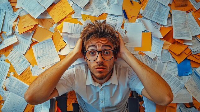 Stressed man overwhelmed by paperwork.
