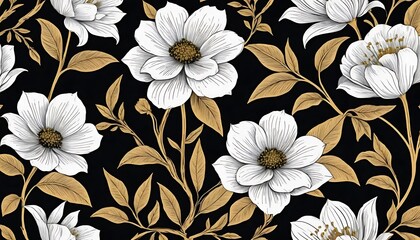 Elegant White Flowers Gold Leaves Black Background Design