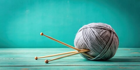 A ball of soft gray yarn rests on a teal wooden surface, accompanied by a pair of smooth wooden knitting needles, ready for a cozy crafting project.