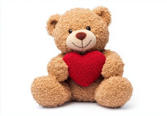 Teddy bear holding a heart, isolated on white.