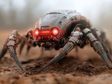 Futuristic robotic spider with glowing red eyes in a desolate environment showing sci-fi technological innovation