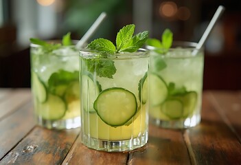 Fototapeta premium Ayran drink with mint and cucumber in glass on wooden table