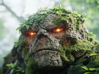 Mystical forest guardian with glowing eyes and mossy texture surrounded by lush greenery in an enchanted woodland setting