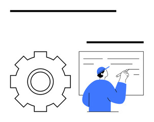 Large gear icon adjacent to a person writing on a board. Ideal for teamwork, problem-solving, strategy, innovation, education, productivity, and abstract line flat metaphor