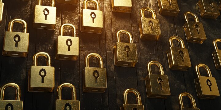 Secure Network Golden Padlocks on Dark Background 5G Security Concept - Powered by Adobe