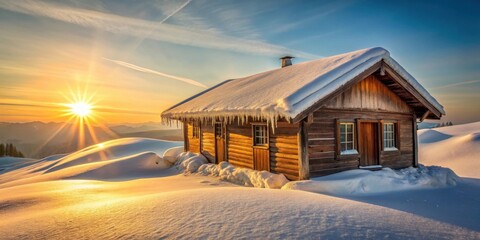 Golden Hour Glow on a Snow-Covered Wooden Cabin in a Winter Wonderland