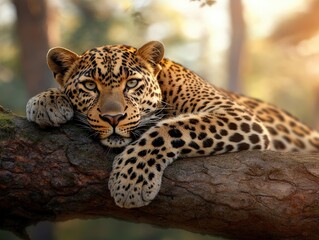 Obraz premium Majestic Leopard Relaxing on a Tree Branch in Sunlit Forest Environment with Soft Background Blur and Natural Beauty
