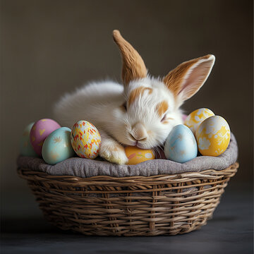 Cute sleeping Holland Dwarf bunny rabbit sleeping on a cushion baskets filled with painted easter eggs