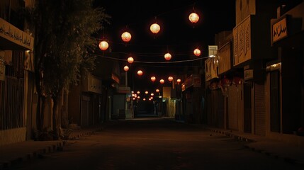 Fototapeta premium A quiet Ramadan night with lanterns glowing in an empty street, peaceful and reflective mood 