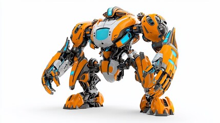Orange futuristic robot, mechanical, strong, powerful, isolated on white background.