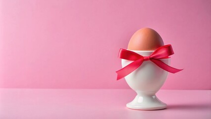 A single boiled egg in a white ceramic holder adorned with a vibrant pink ribbon bow, set against a soft pink background.