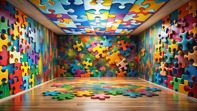 A vibrant room completely covered in colorful puzzle pieces, creating a playful and stimulating environment