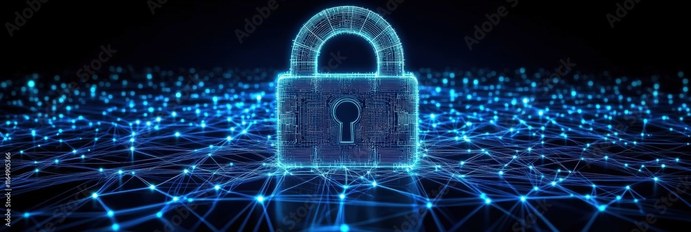 Poster digital lock icon on a futuristic network background representing cyber security and data protection