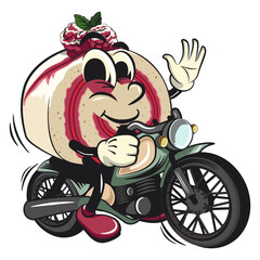 raspberry roll cake cute cartoon isolated vector illustration character mascot riding a big motorcycle, work of hand drawn