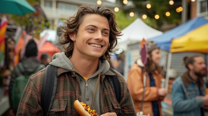 Obraz premium Happy young man smiles at a street food festival, holding a hot dog.