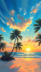 Fototapeta premium A beautiful painting capturing the serene beauty of a sunset on a tropical beach, adorned with swaying palm trees, A tranquil scene of a deserted beach at sunrise, collage style, with white tones