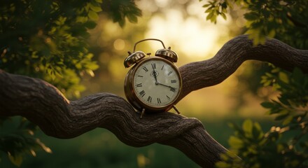 Naklejka premium Vintage alarm clock resting on twisting tree branch at golden hour in nature