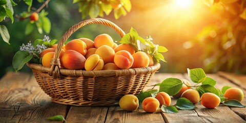 A wicker basket brimming with ripe apricots, nestled amongst vibrant green leaves and bathed in the warm glow of sunlight on a rustic wooden surface.