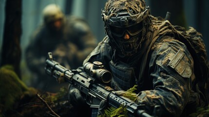 A hunter in camouflage aiming in a forest