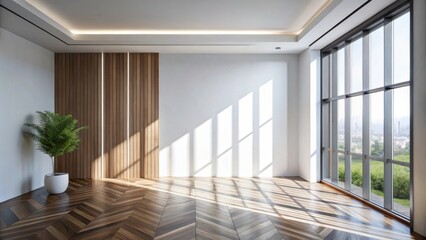 Fototapeta premium Modern Empty Room with Wooden Wall and Herringbone Floor, Sunlight Streaming Through Large Window
