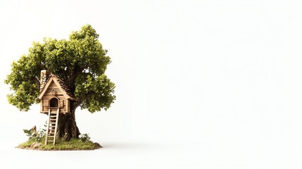 A charming treehouse nestled in a lush green tree, showcasing a whimsical design on a white isolated background.