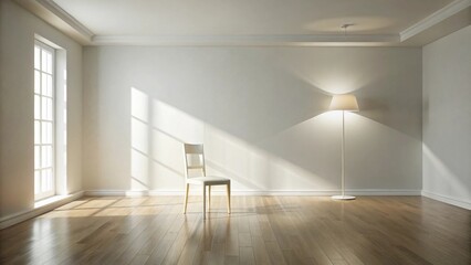 Fototapeta premium Serene minimalist room interior design with hardwood floor, single chair, and floor lamp illuminating sunlight through window
