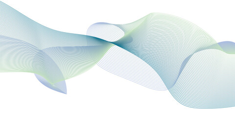 Abstract green fading linear wave on white background. Futuristic dynamic motion concept. Flowing wavy lines pattern. 