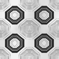 A monochromatic geometric pattern featuring concentric octagons and lines.