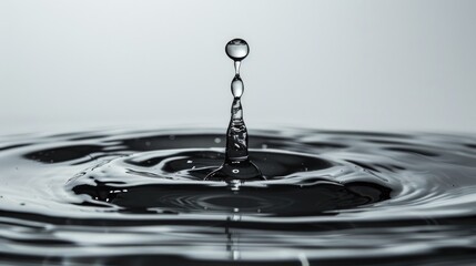 A close-up of a water droplet creating ripples in a calm surface.