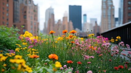 A serene rooftop garden with blooming flowers and city skyline views 