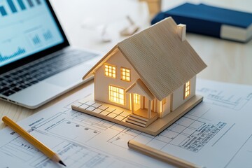 Model house on architectural plans next to laptop with graphs, representing real estate, investment, and home design concepts in a modern workspace environment.