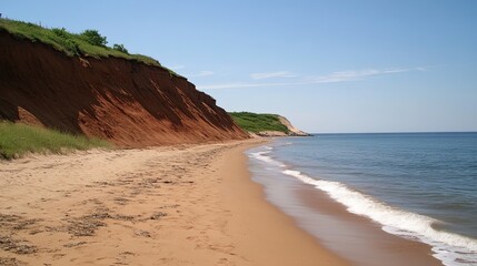 Sandy beach with red cliffs and ocean waves under a clear blue sky.
