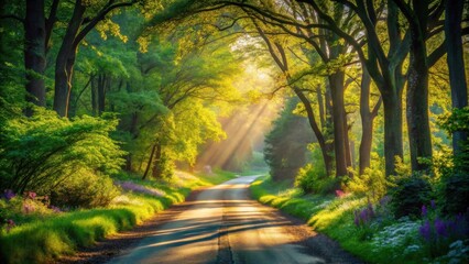 Fototapeta premium Sunlit Pathway Through a Lush Green Forest Canopy