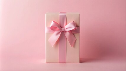 A delicately tied pink ribbon adorns a pale pink gift box, sitting on a matching background