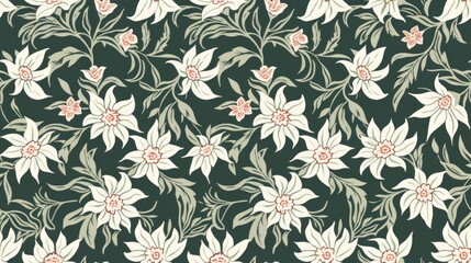 Fototapeta premium A floral pattern featuring white and pink flowers on a dark green background.