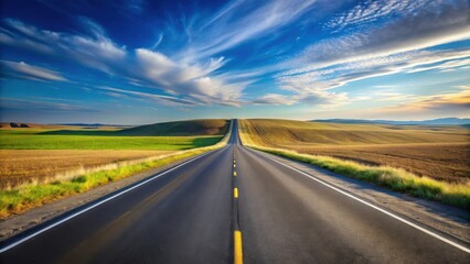 Fototapeta premium Asphalt road disappearing over the horizon on a sunny day with rolling hills and vibrant green and golden fields under a beautiful blue sky with fluffy white clouds.