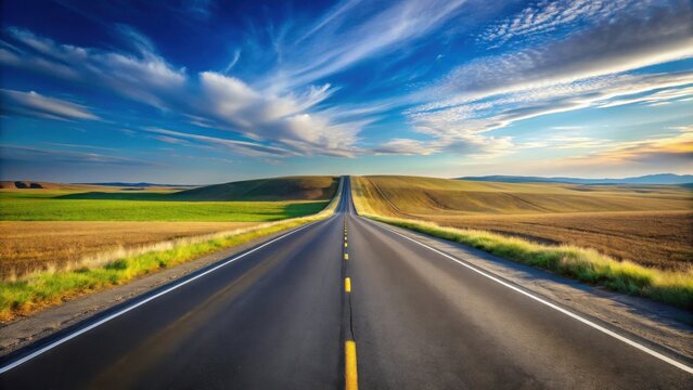 Asphalt road disappearing over the horizon on a sunny day with rolling hills and vibrant green and golden fields under a beautiful blue sky with fluffy white clouds.