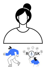 Portrait of a woman with abstract features, a running man, and a magnifying glass focusing on risk. Ideal for identity, decision-making, analysis, caution, personal growth, motivation abstract line