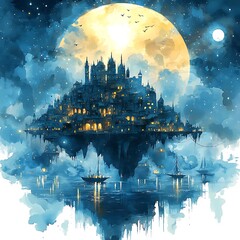Enchanting Watercolor Painting of a Floating City Under a Full Moon and Starry Night Sky.
