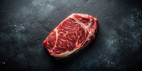 A Single Raw Ribeye Steak on a Dark Textured Surface Ready for Cooking