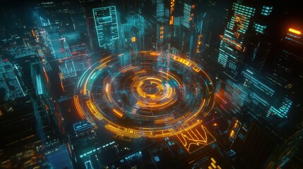 Obraz premium Futuristic digital cityscape with neon lights and advanced technology, showcasing innovation in urban design and smart city developments.