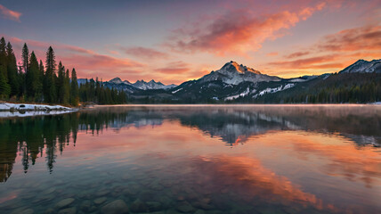 Fototapeta premium Breathtaking mountain lake at sunrise with vibrant skies, snow-capped peaks, and serene reflections. Beauty of nature concept background.