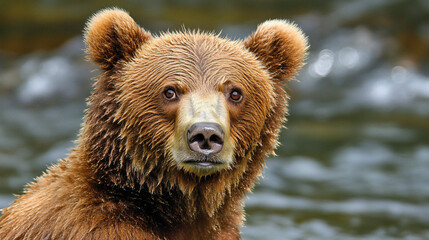 Obraz premium Close-up portrait brown bear facing camera natural outdoor detailed wildlife photography texture expression travel national park campaign zoo fur camping resort advertising river hunt habitat cute