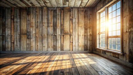 Rustic Wooden Room Interior with Sunlight Streaming Through Window