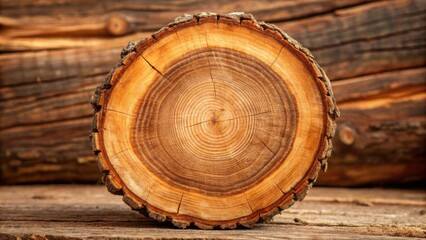 Detailed Cross Section of a Tree Trunk Showing Growth Rings Against a Background of Rustic Wooden Logs